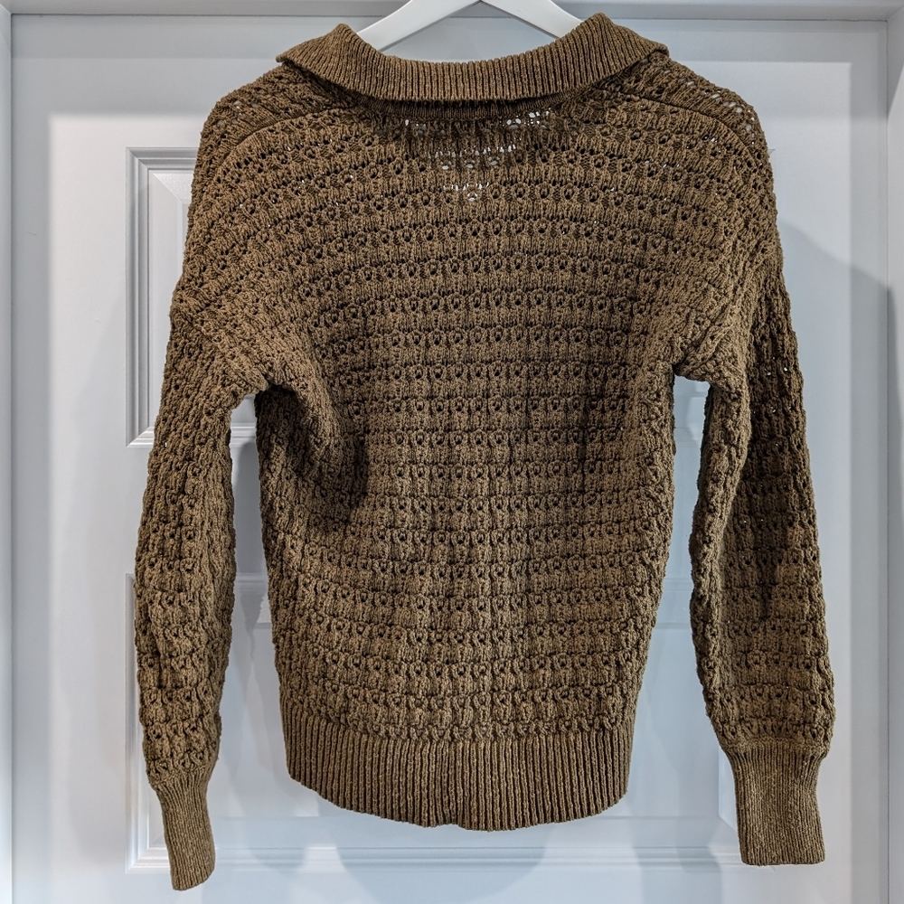 Madewell Sunbury Open-Stitch Polo Sweater Golden Spinach Textured Knit XS - Picture 6 of 12